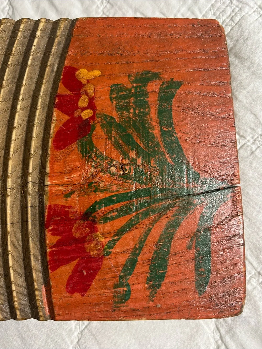 Vintage Hand Carved Chinese Wooden Washboard - Hand Painted Floral Folk Art